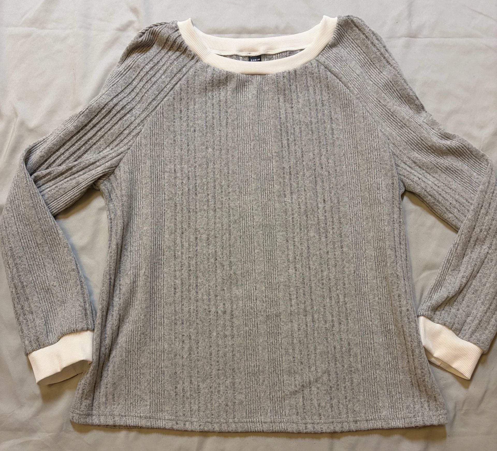 Shein Rib Knit Long Sleeve Pullover XL Gray Crew Neck Contrast 2