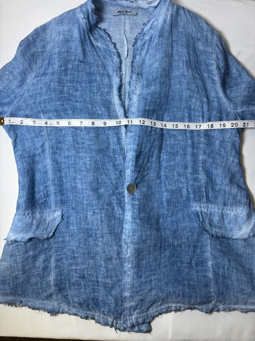 Meo Meli Linen Blazer Blue Distressed Raw Hem 10