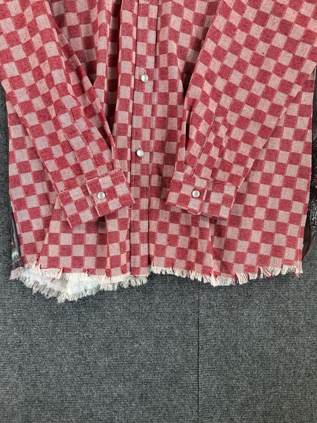 One24 Rags Checkered Flannel Shirt Size Large Red Pocket Frayed Hem 5