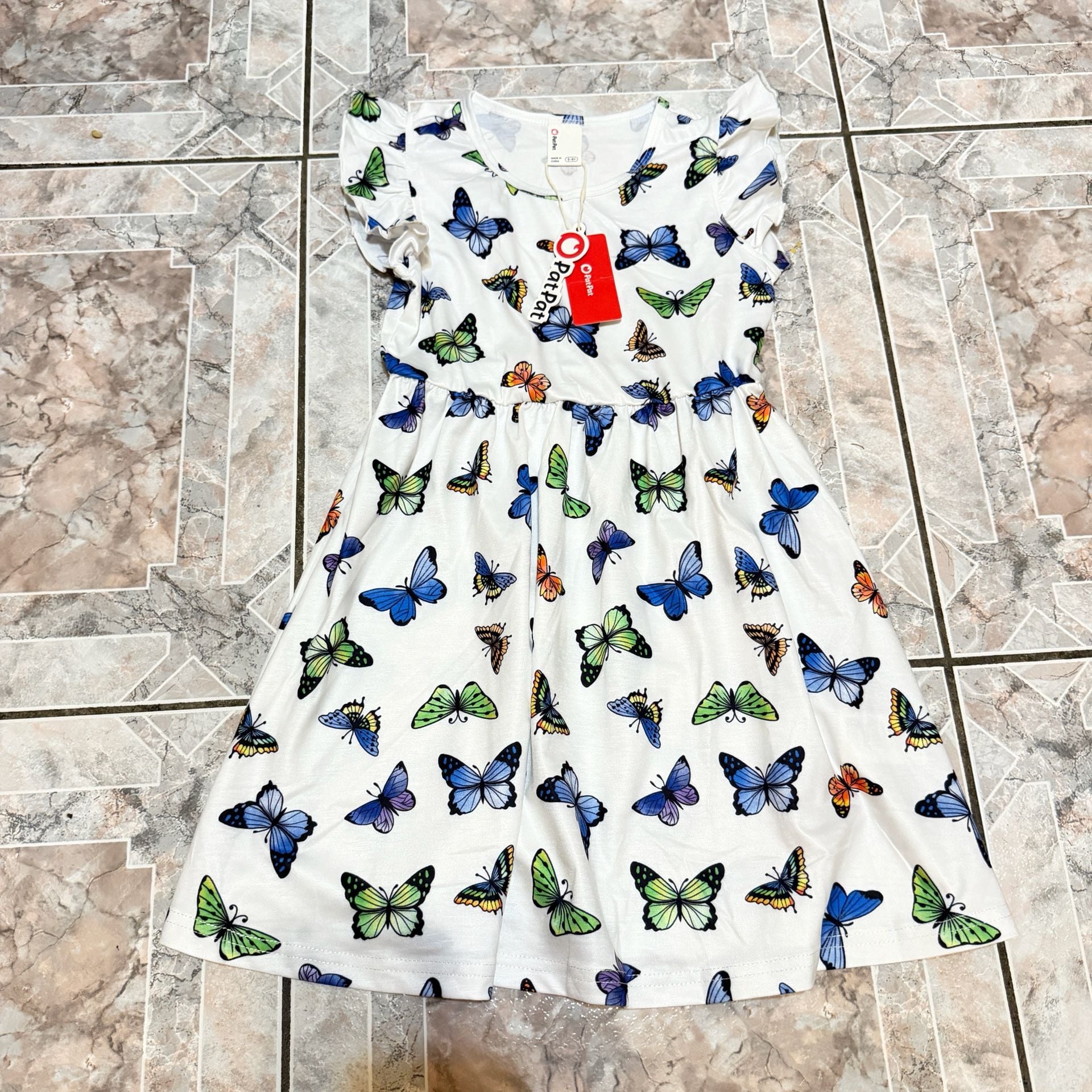PatPat Butterfly Print Ruffle Sleeve Dress Size 5-6Y White 1