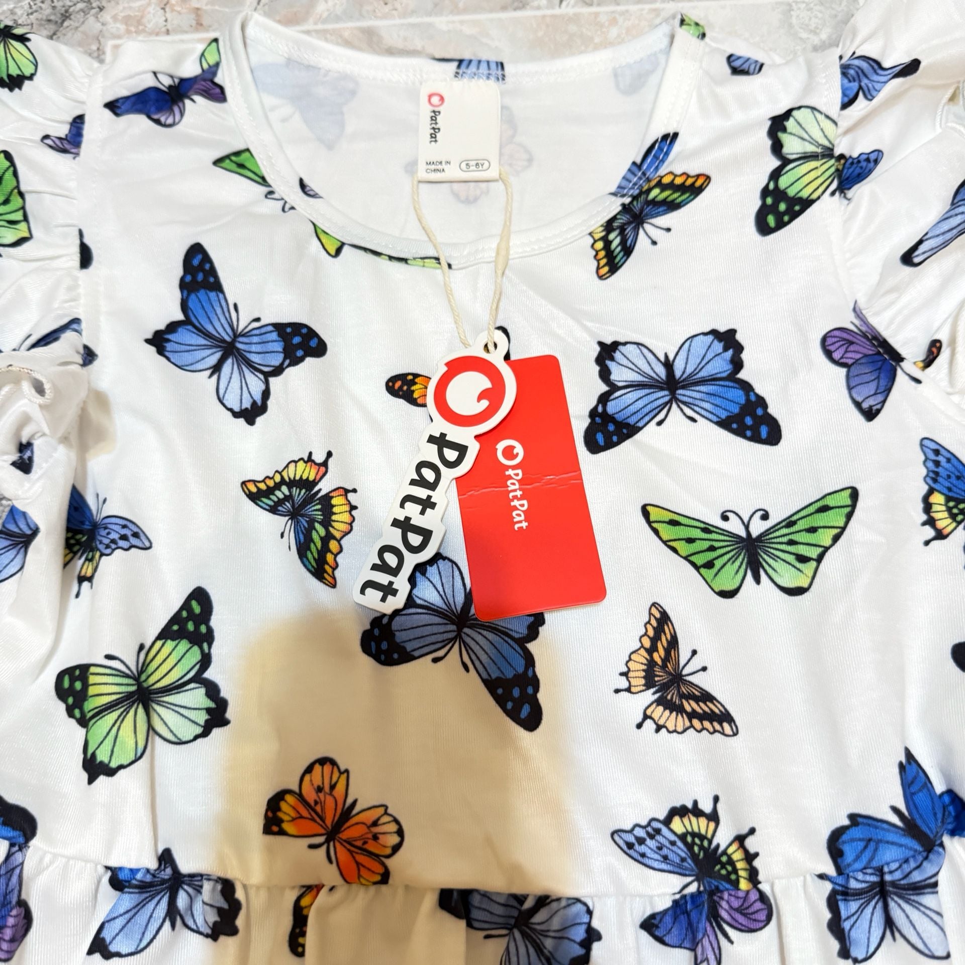 PatPat Butterfly Print Ruffle Sleeve Dress Size 5-6Y White 2
