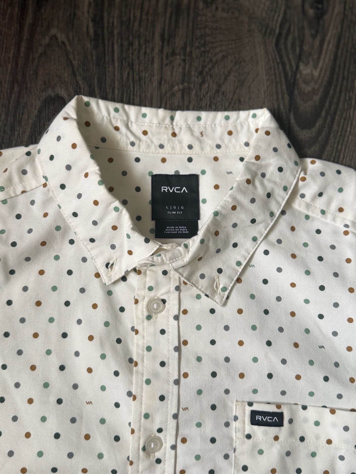 RVCA Short Sleeve Button Down Shirt Size L White Polka Dot 7