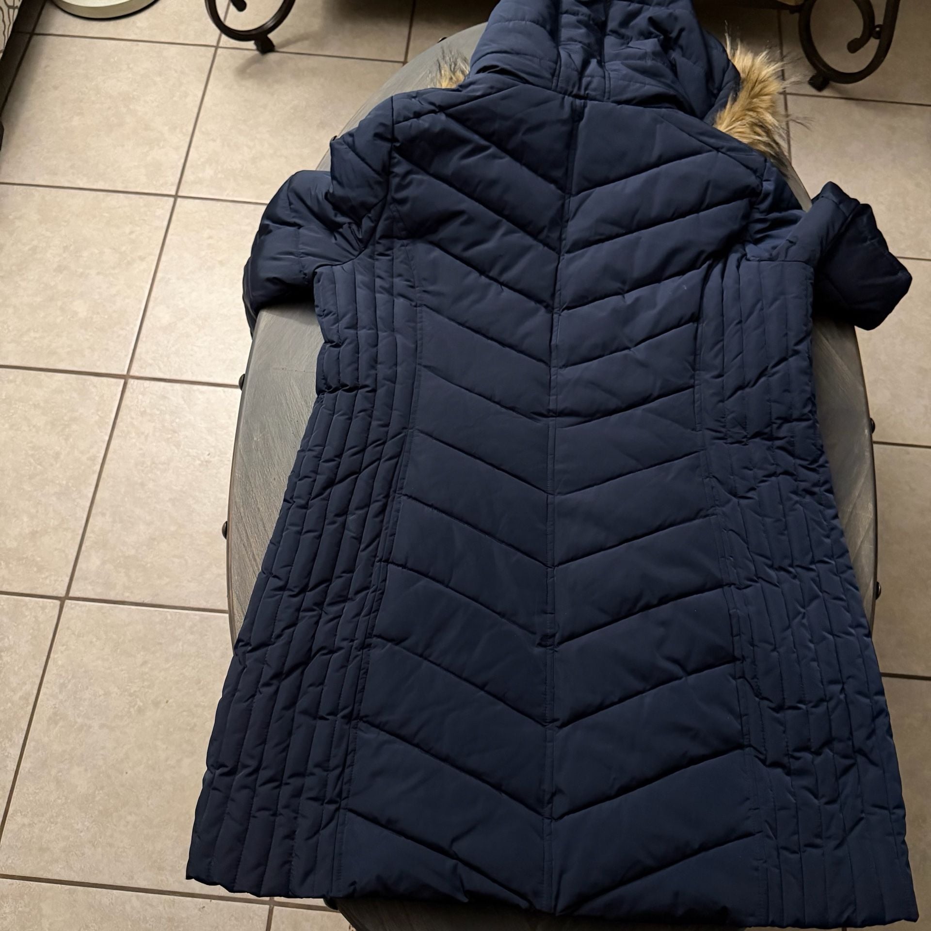 Tommy Hilfiger Quilted Puffer Coat Size XL Navy Blue Faux Fur 4