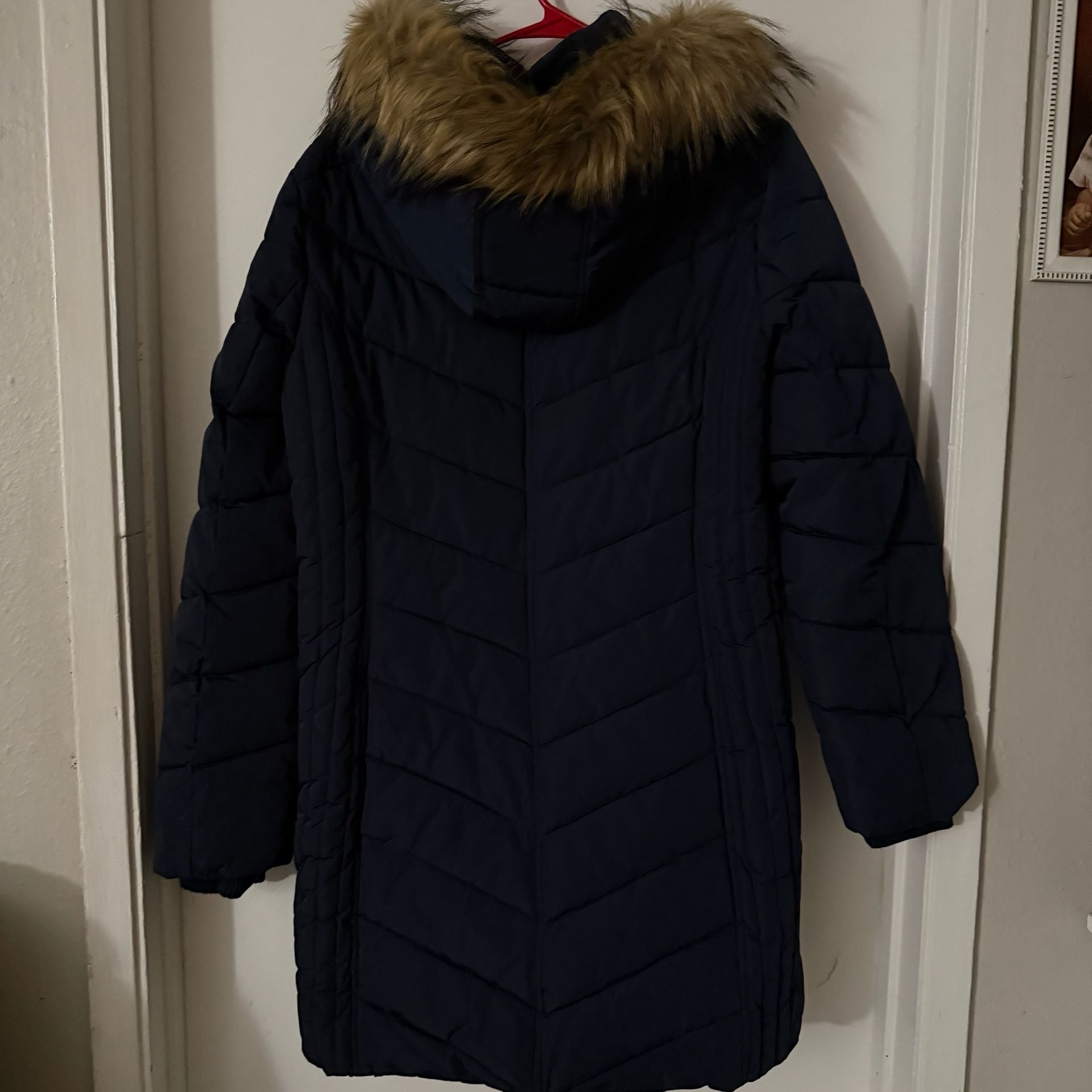 Tommy Hilfiger Quilted Puffer Coat Size XL Navy Blue Faux Fur 6
