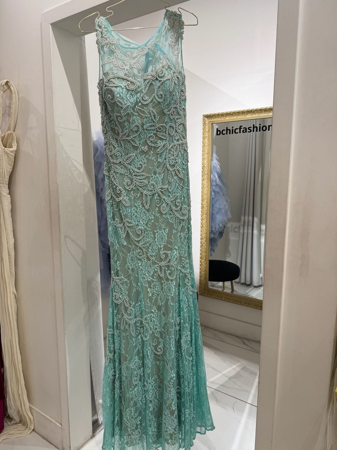 La Femme 20892 Lace Column Prom Dress Aqua 3