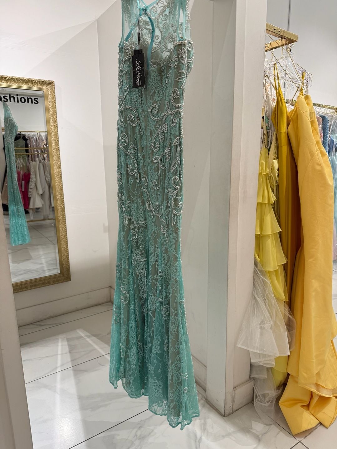 La Femme 20892 Lace Column Prom Dress Aqua 4