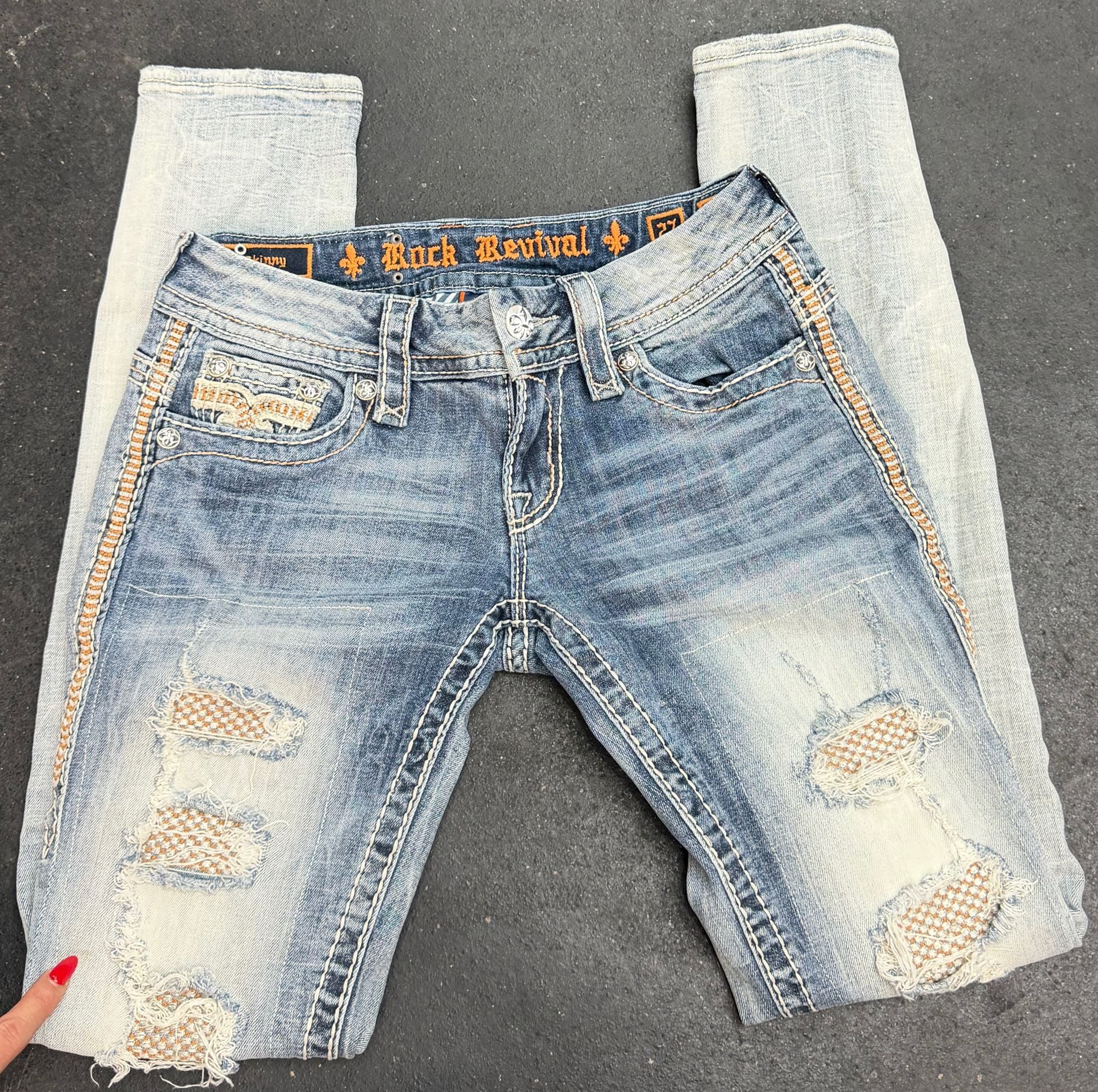 Y2K patched Rock Revival Skinny Jeans Size 27 Distressed Denim 10