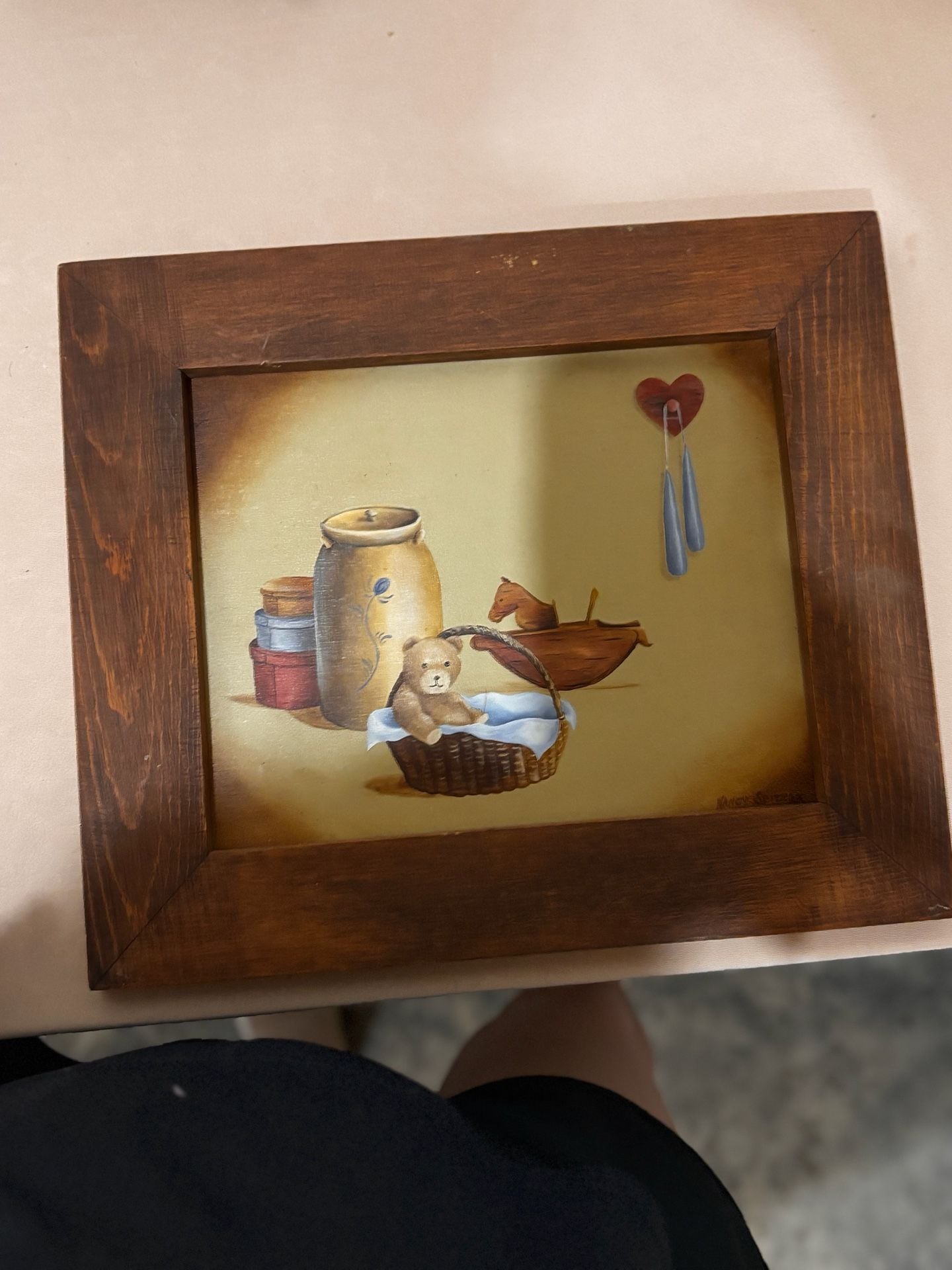 Nancy Spencer Framed Folk Art Painting Teddy Bear Crock 1