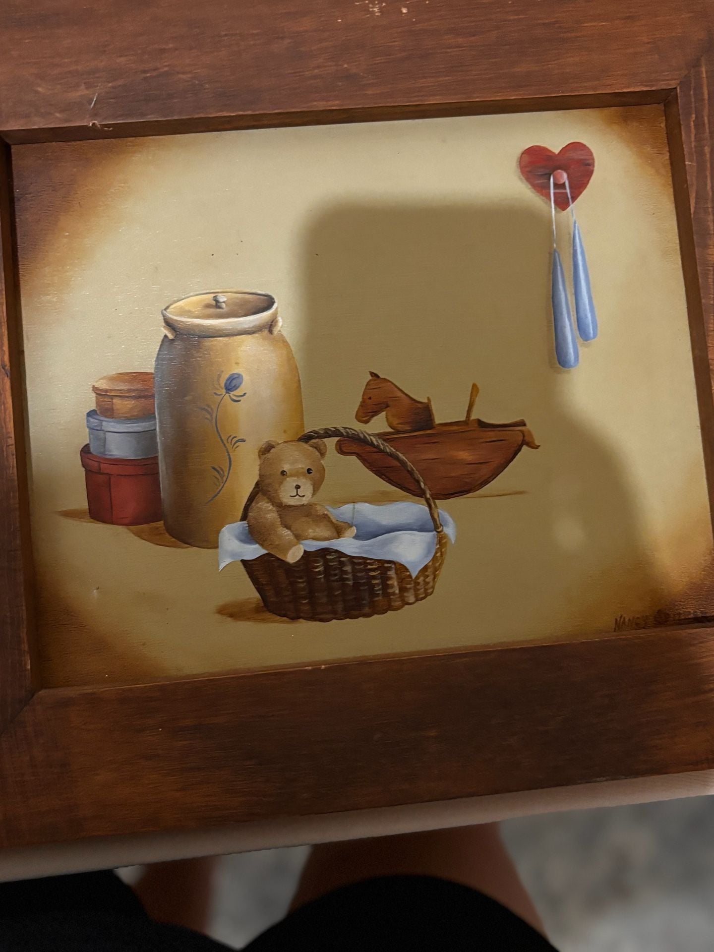 Nancy Spencer Framed Folk Art Painting Teddy Bear Crock 2