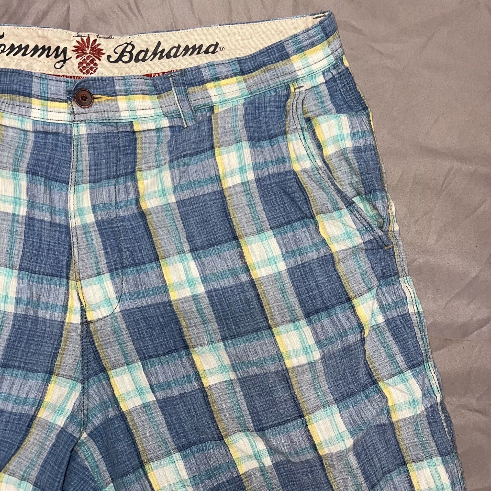 Tommy Bahama Plaid Linen Blend Shorts Blue Casual size 35 4
