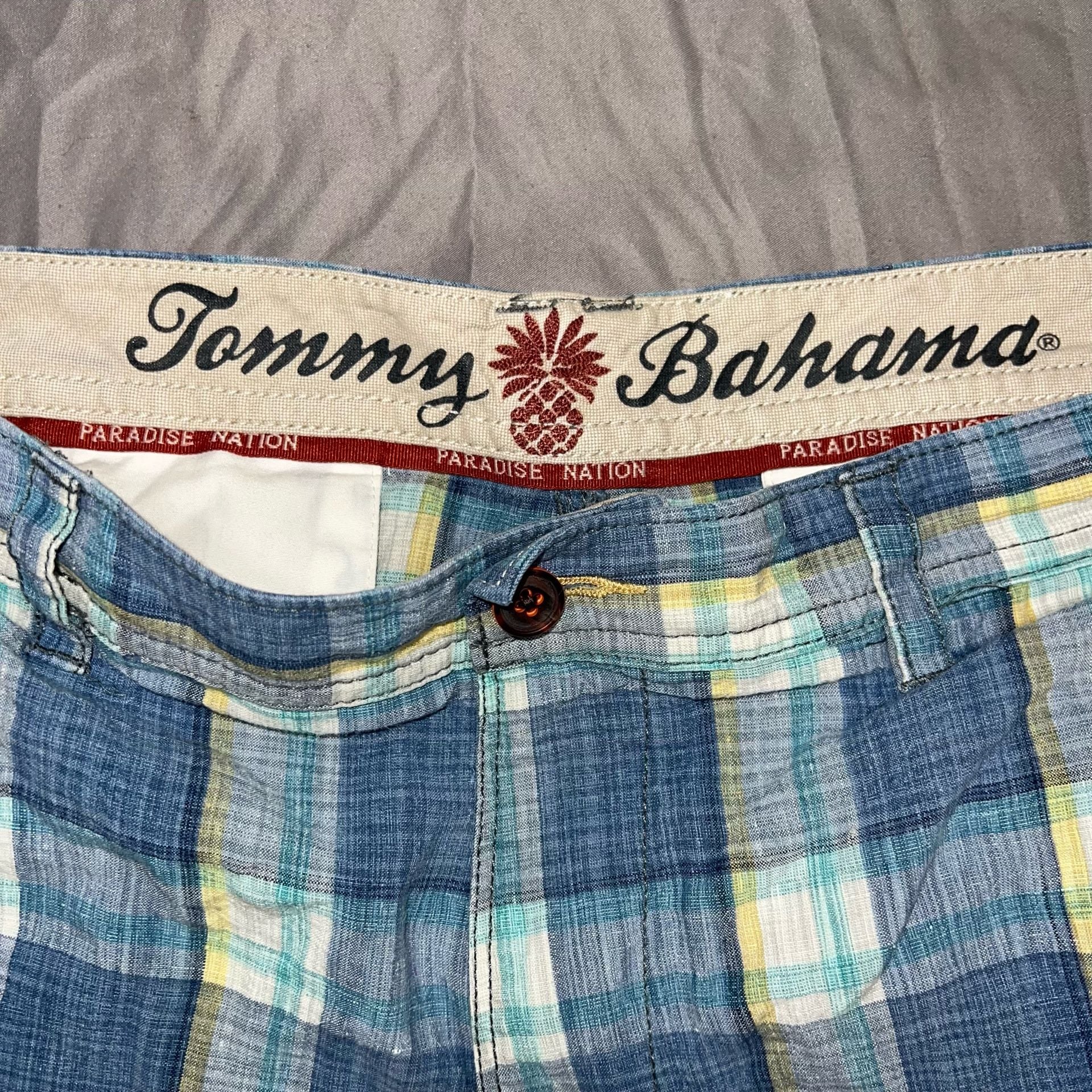 Tommy Bahama Plaid Linen Blend Shorts Blue Casual size 35 5