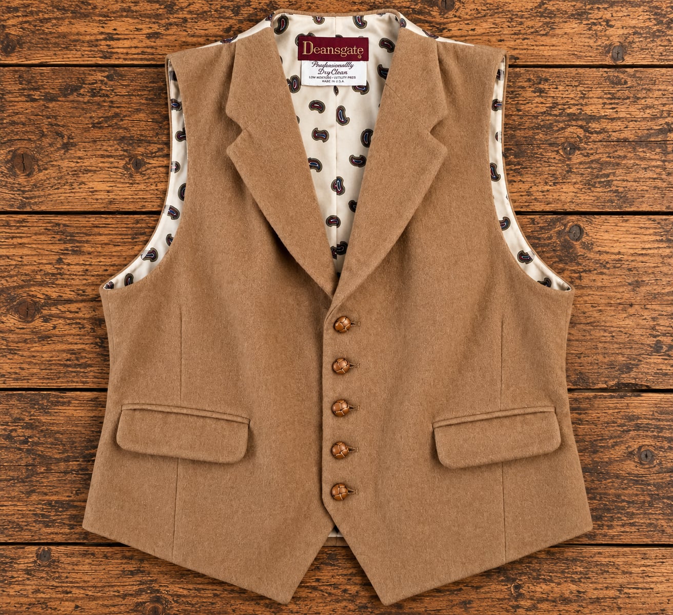 Vintage Deansgate Camel Wool Blend Paisley Lined Vest Made USA Unisex 4