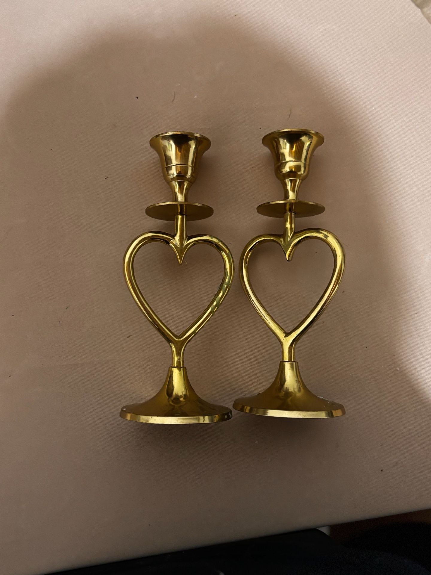 Vintage Solid Brass Heart Shaped Candlestick Holders Pair 1