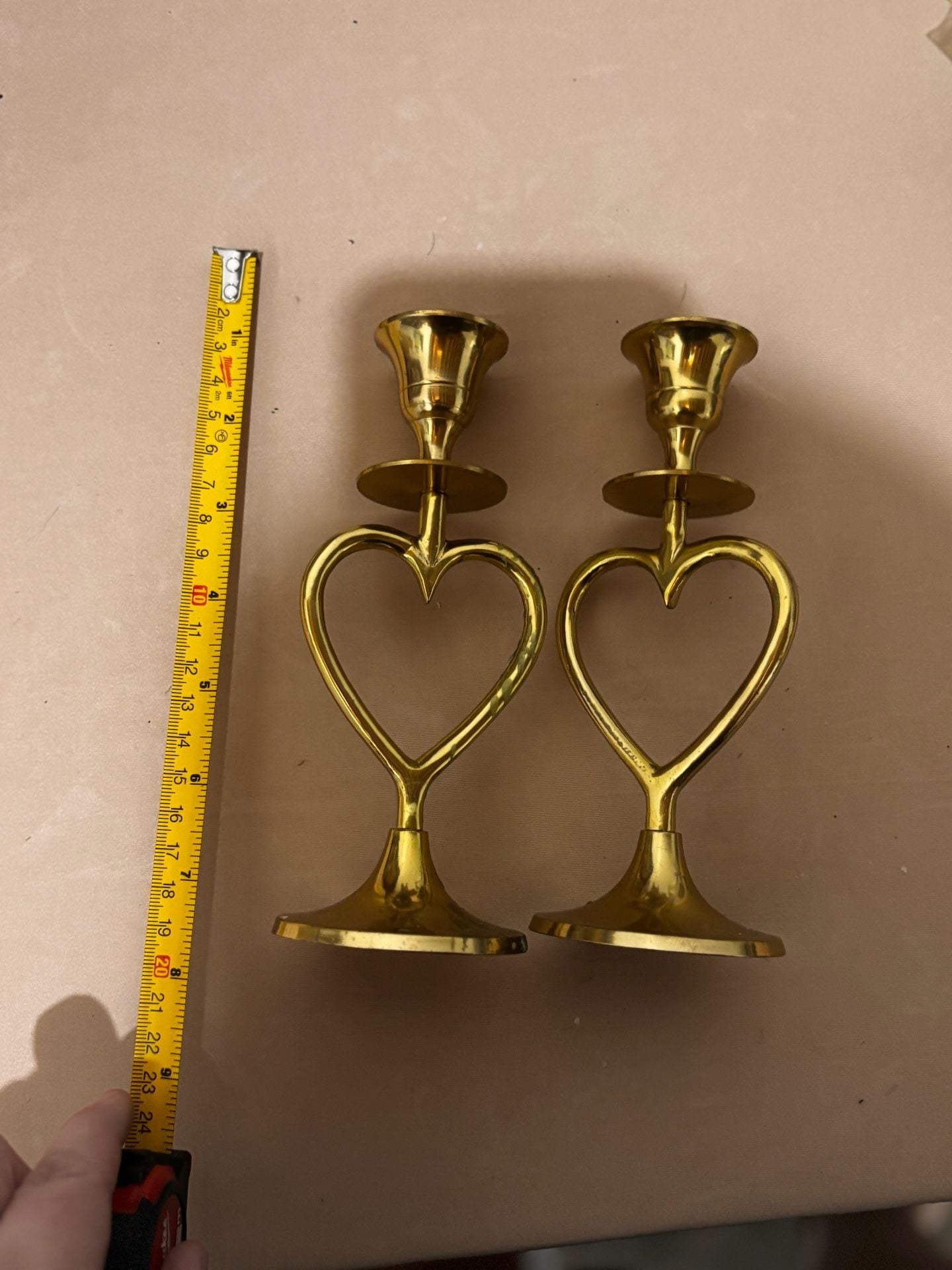 Vintage Solid Brass Heart Shaped Candlestick Holders Pair 2