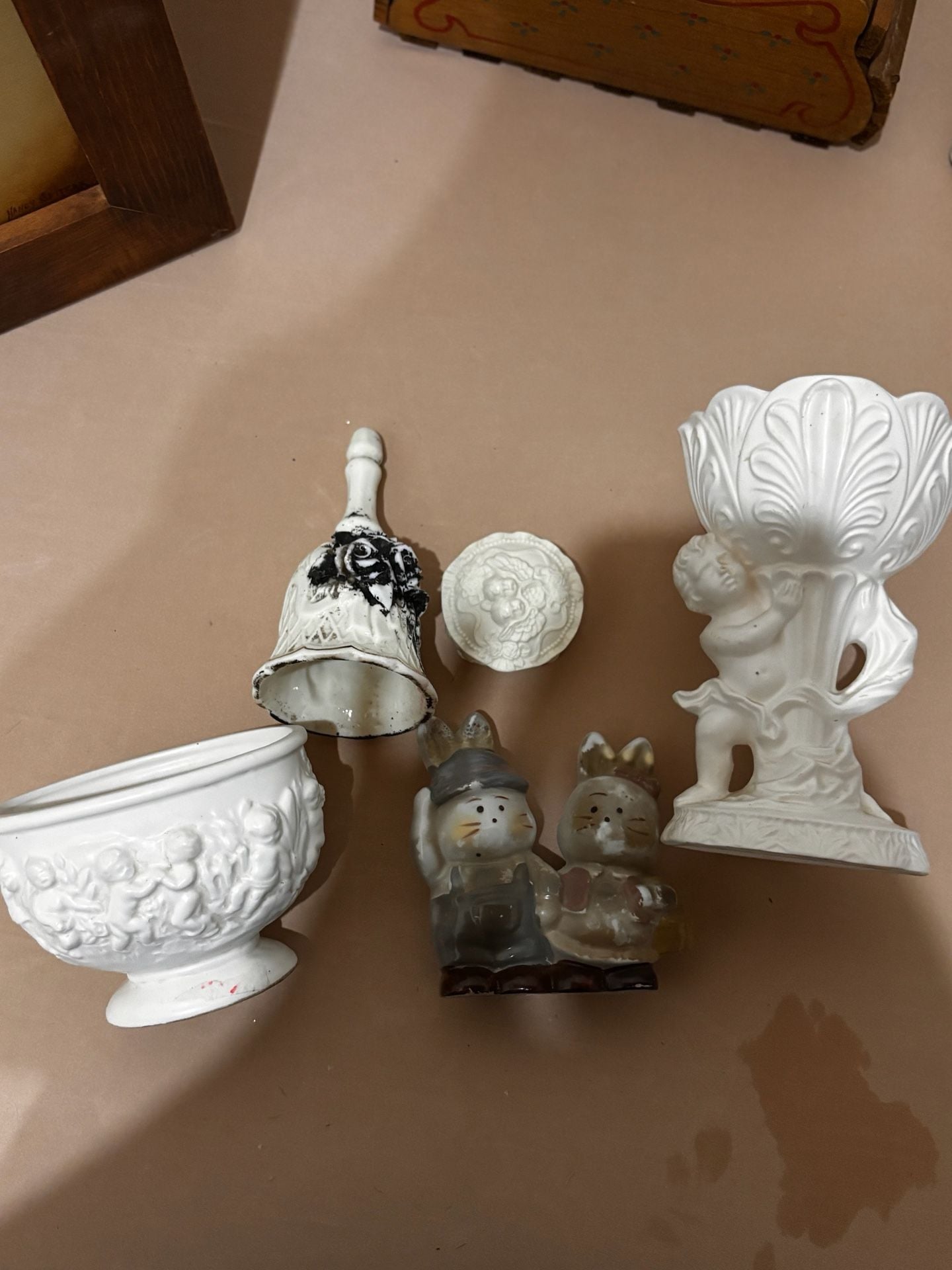 Vintage Ceramic Cherub Decor Lot White Figurine Bowl Bell Vase 1