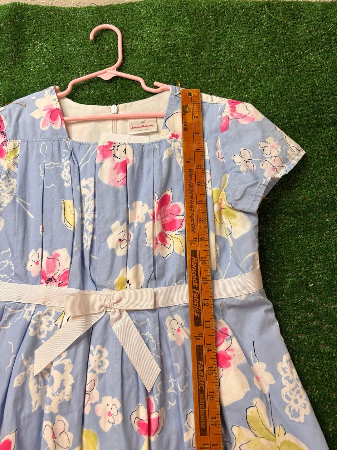 Hanna Andersson Floral Dress Size 150 Blue Short Sleeve Bow 12