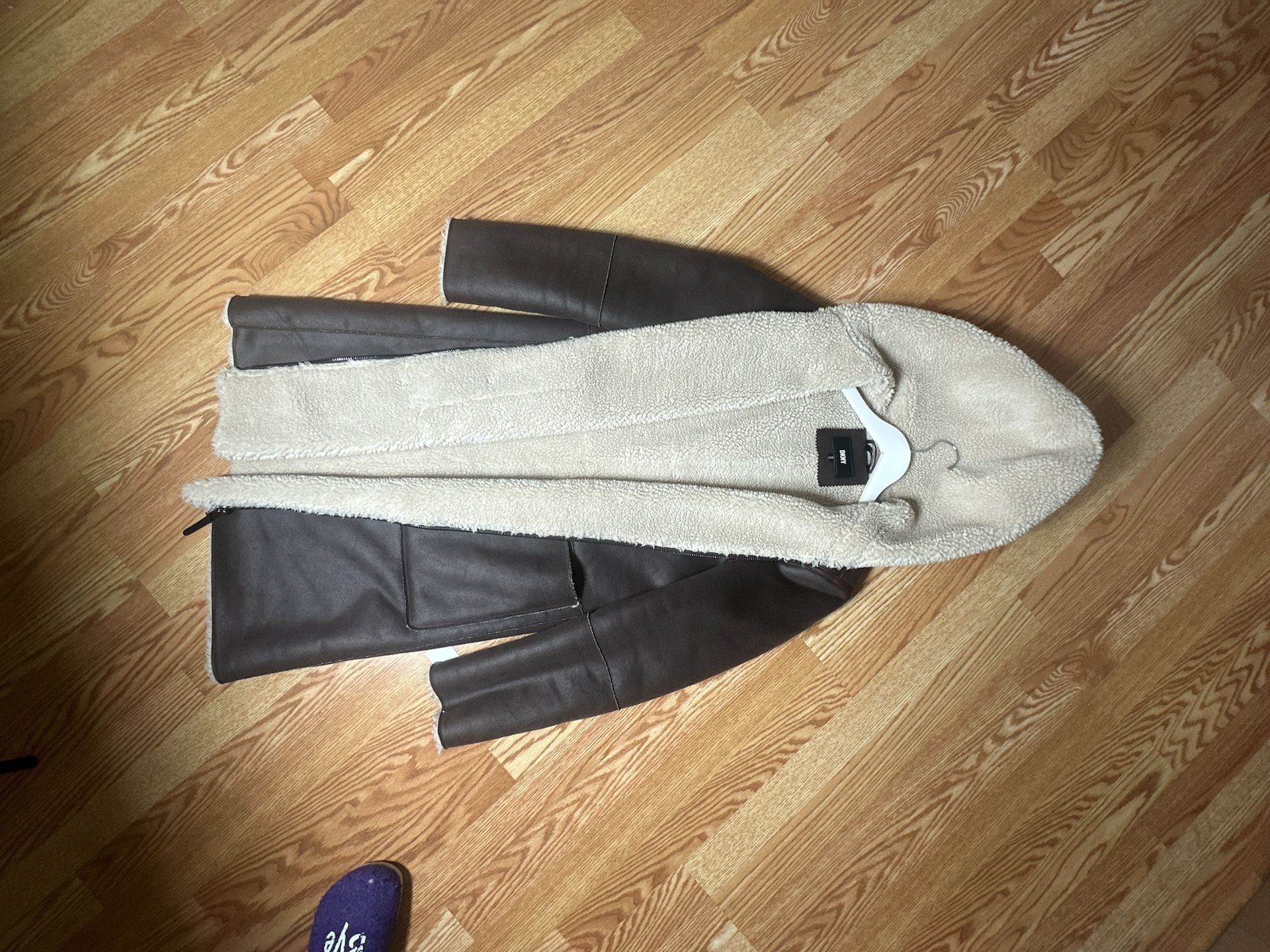 DKNY Faux Shearling Coat Size L Brown Long Hooded Jacket 2