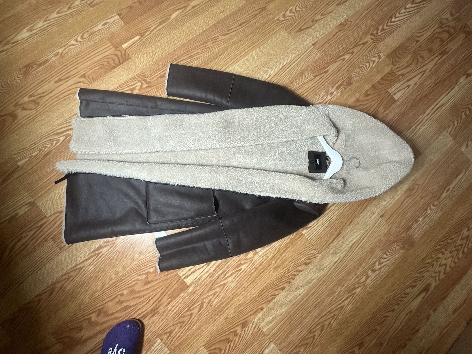 DKNY Faux Shearling Coat Size L Brown Long Hooded Jacket 3
