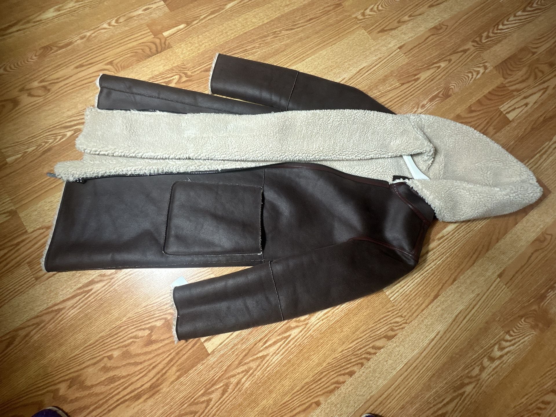 DKNY Faux Shearling Coat Size L Brown Long Hooded Jacket 5