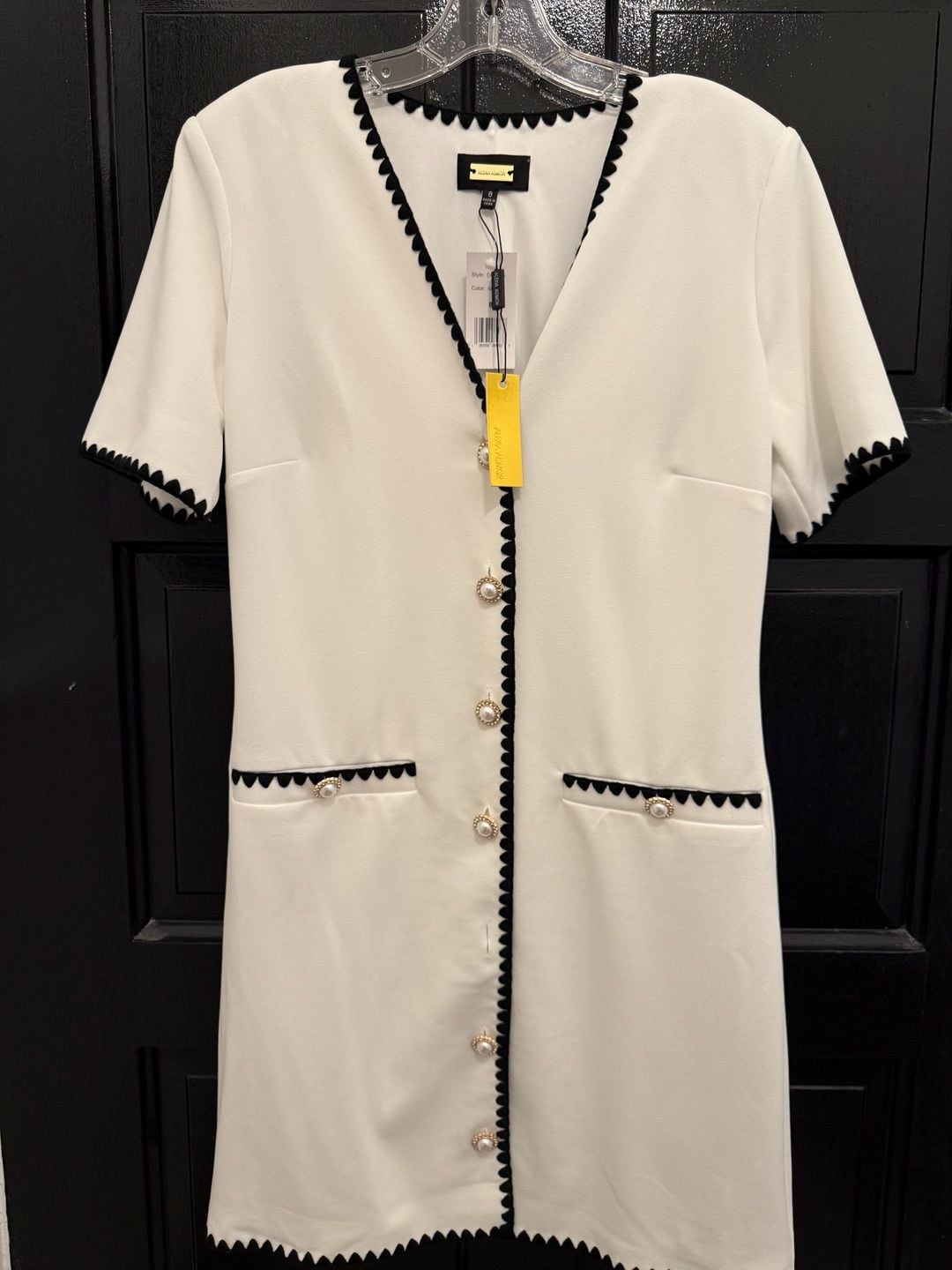 Alexia Admor Pearl Button Mini Dress Size 8 White Black Scallop Trim 2