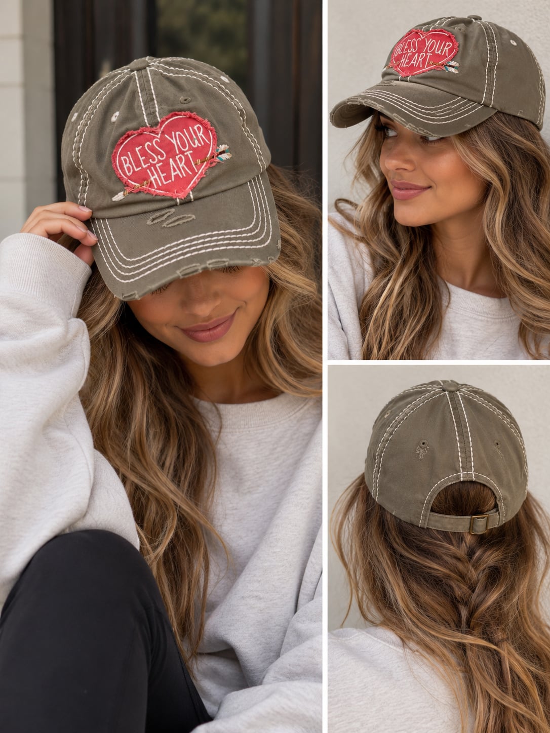 024. KBETHOS Bless Your Heart Distressed Baseball Cap Olive Green 2
