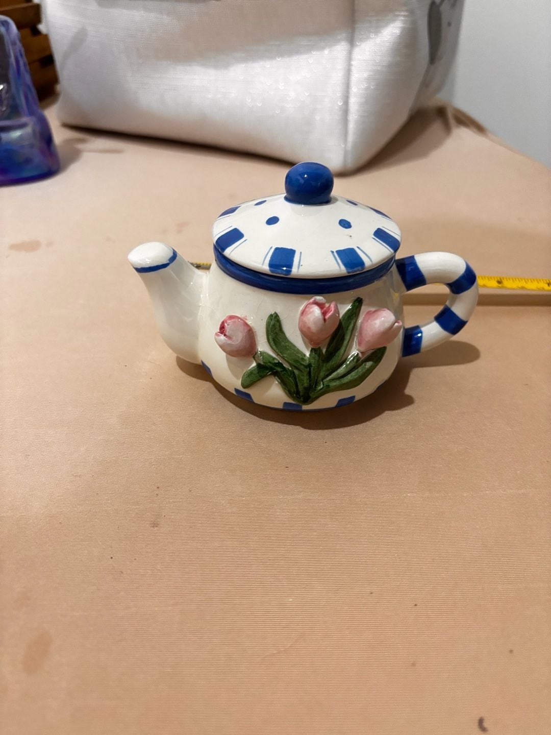 Ceramic Blue and White Stripe Mini Teapot With Pink Tulips 1