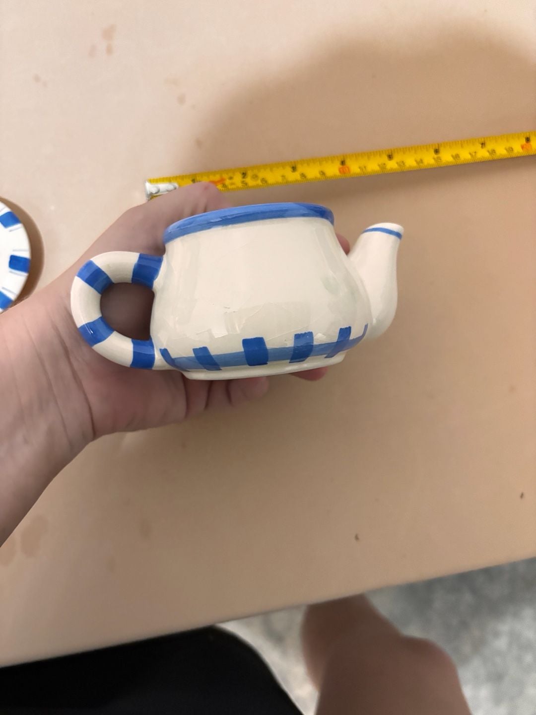 Ceramic Blue and White Stripe Mini Teapot With Pink Tulips 4