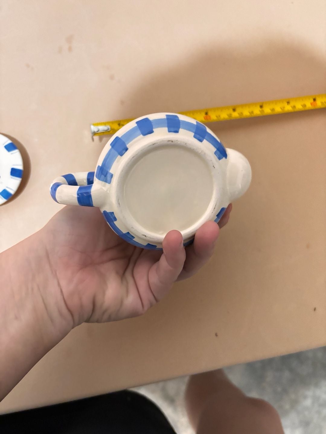 Ceramic Blue and White Stripe Mini Teapot With Pink Tulips 5