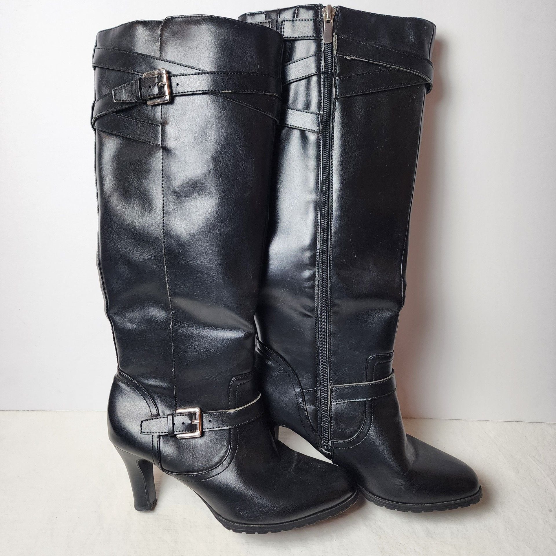 Chaps Black Faux Leather Knee High Heeled Boots Size 8 8