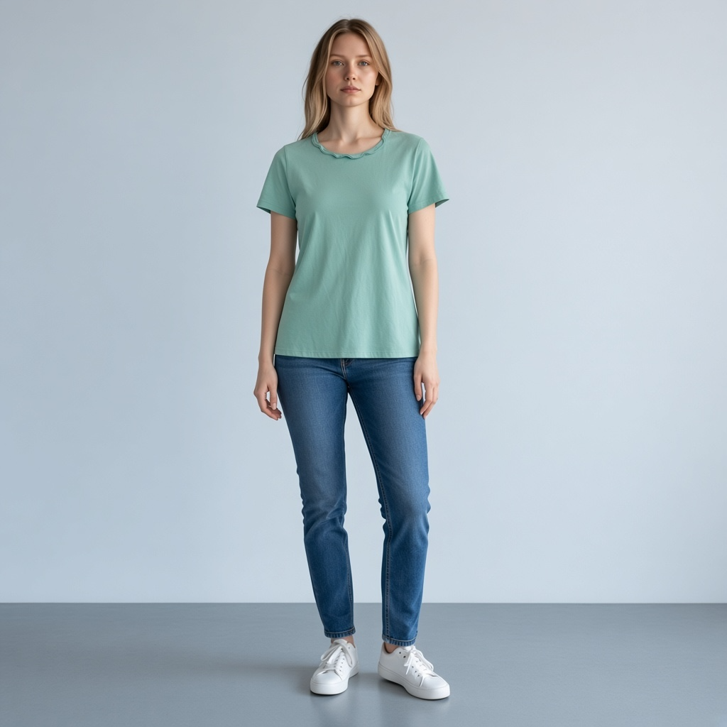 Talbots Pima Cascade Crewneck Tee Size L Green Ruffle Collar Short Sleeve 3
