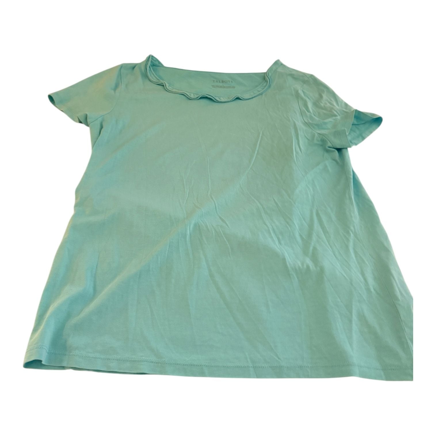 Talbots Pima Cascade Crewneck Tee Size L Green Ruffle Collar Short Sleeve 4