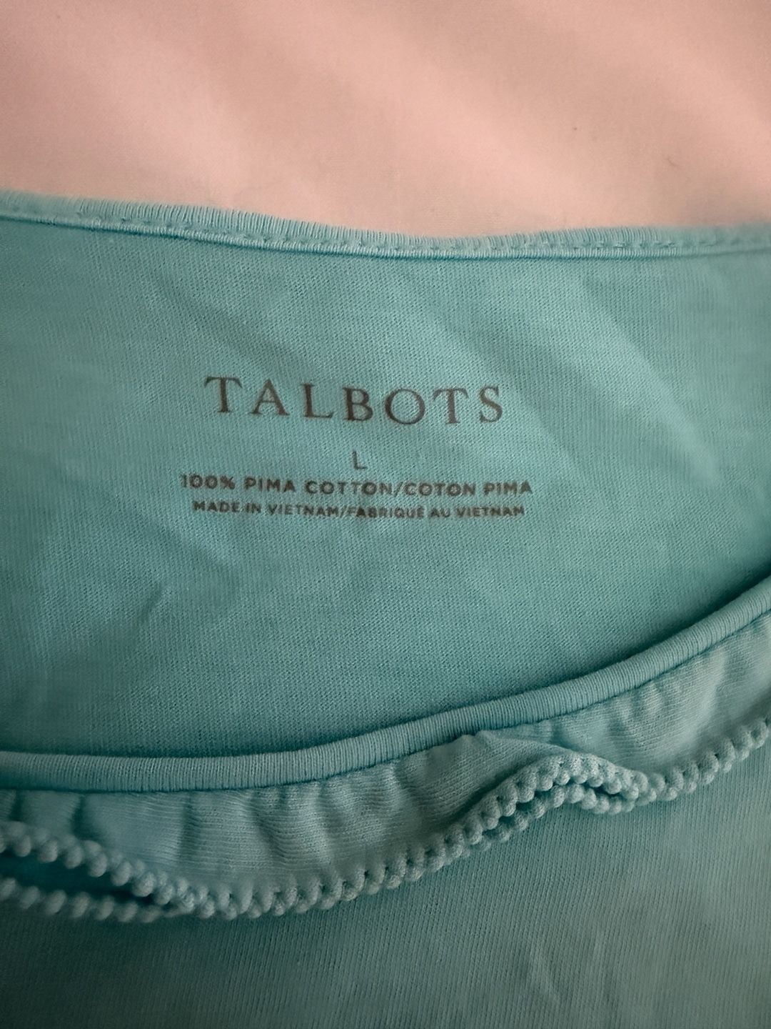 Talbots Pima Cascade Crewneck Tee Size L Green Ruffle Collar Short Sleeve 5