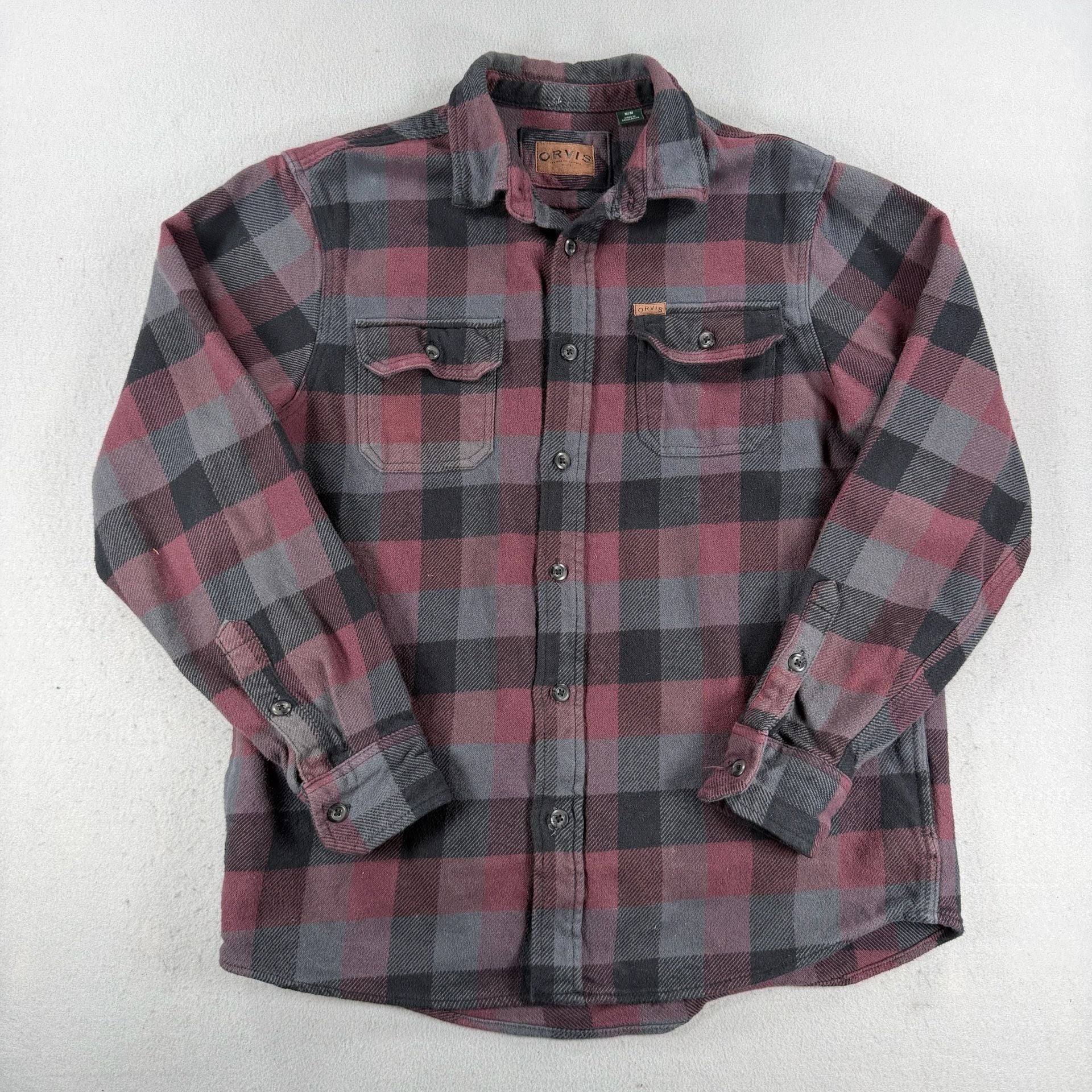 Orvis Heavy Flannel Shirt Size M Burgundy Plaid 2