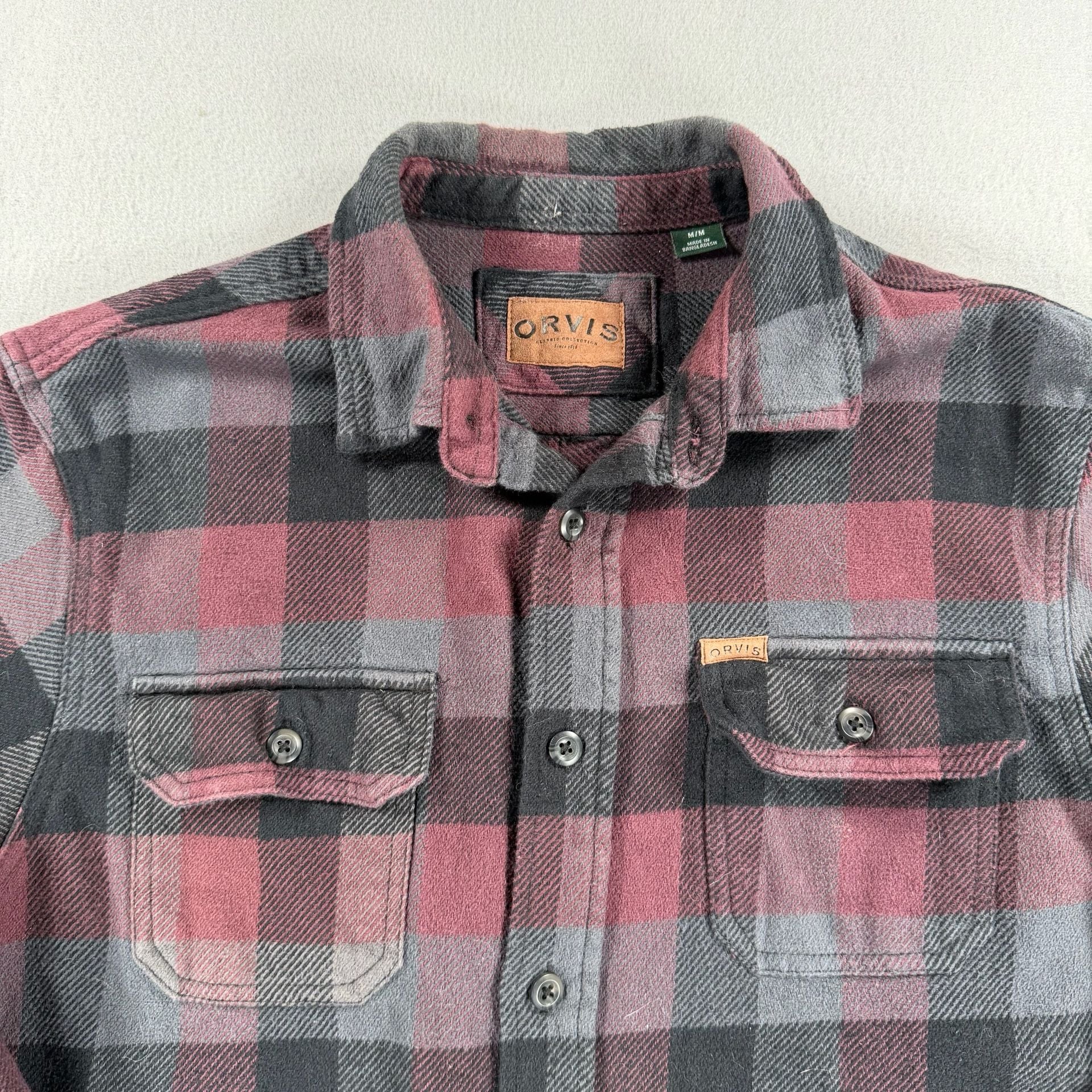 Orvis Heavy Flannel Shirt Size M Burgundy Plaid 7