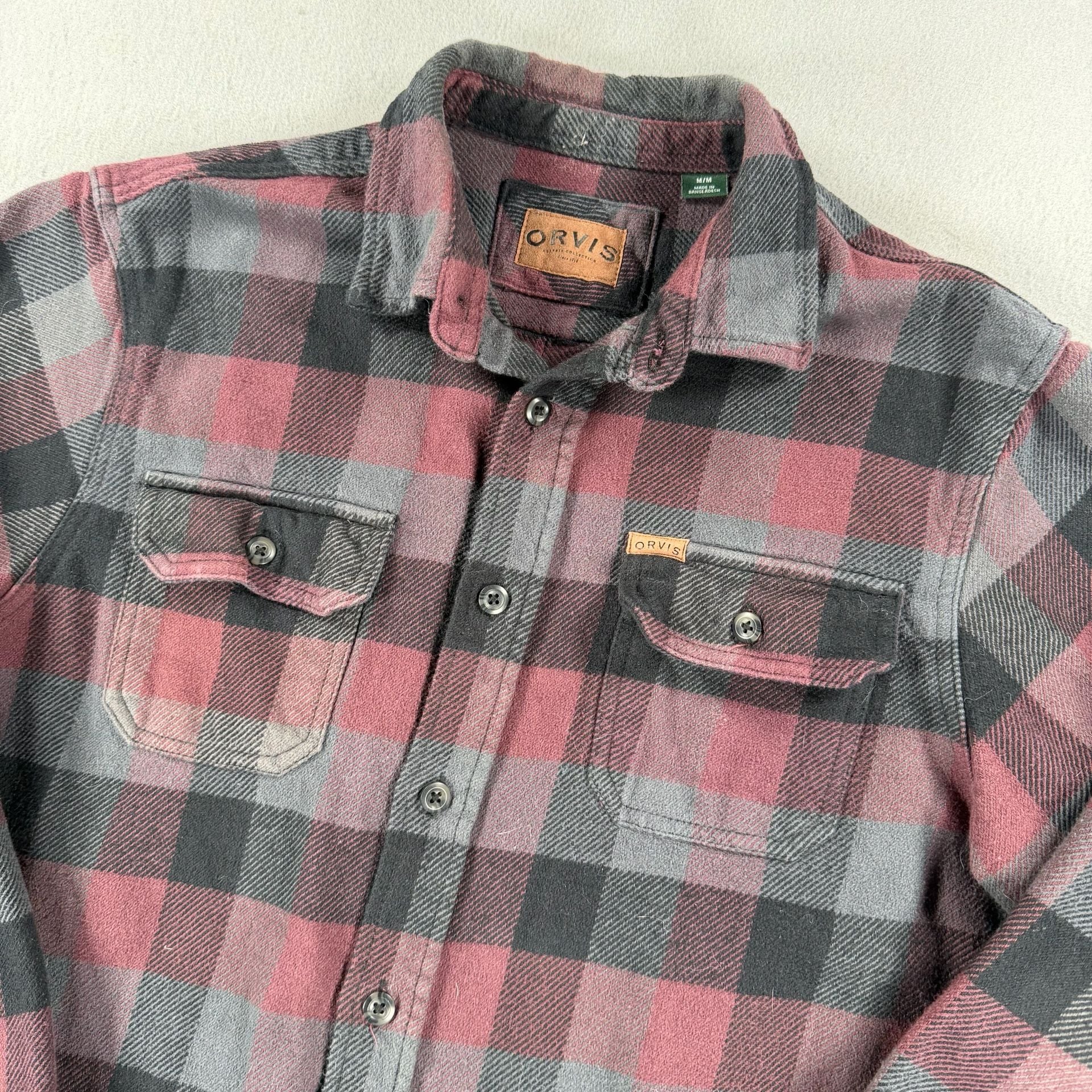 Orvis Heavy Flannel Shirt Size M Burgundy Plaid 9