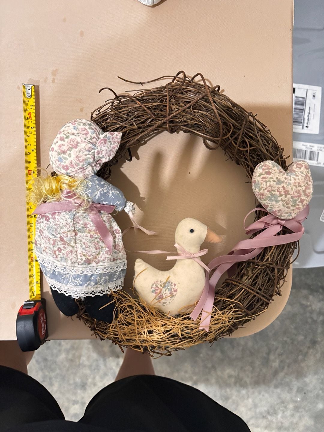 Handmade Primitive Country Vine Wreath With Duck Doll And Heart 1