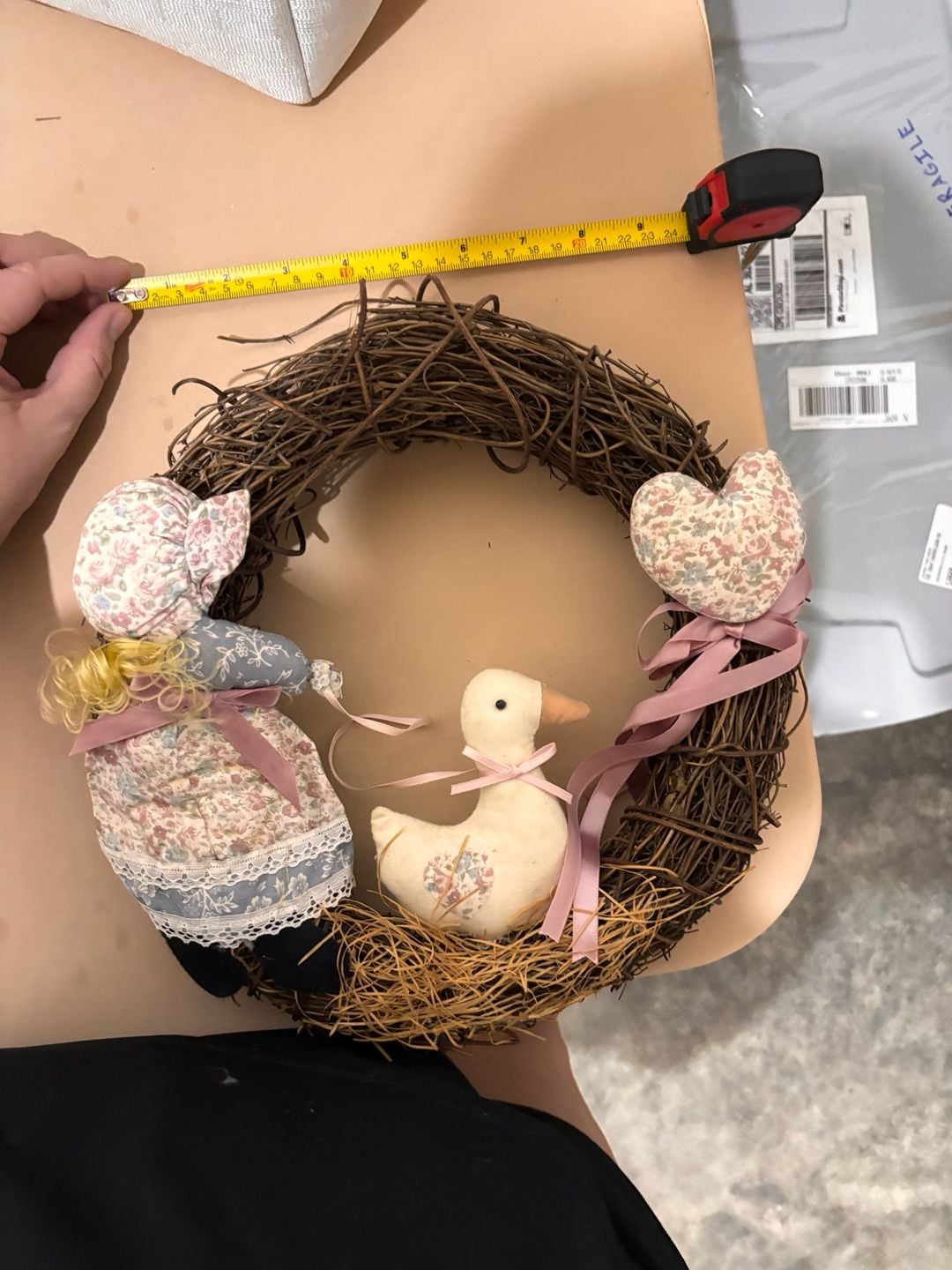 Handmade Primitive Country Vine Wreath With Duck Doll And Heart 2