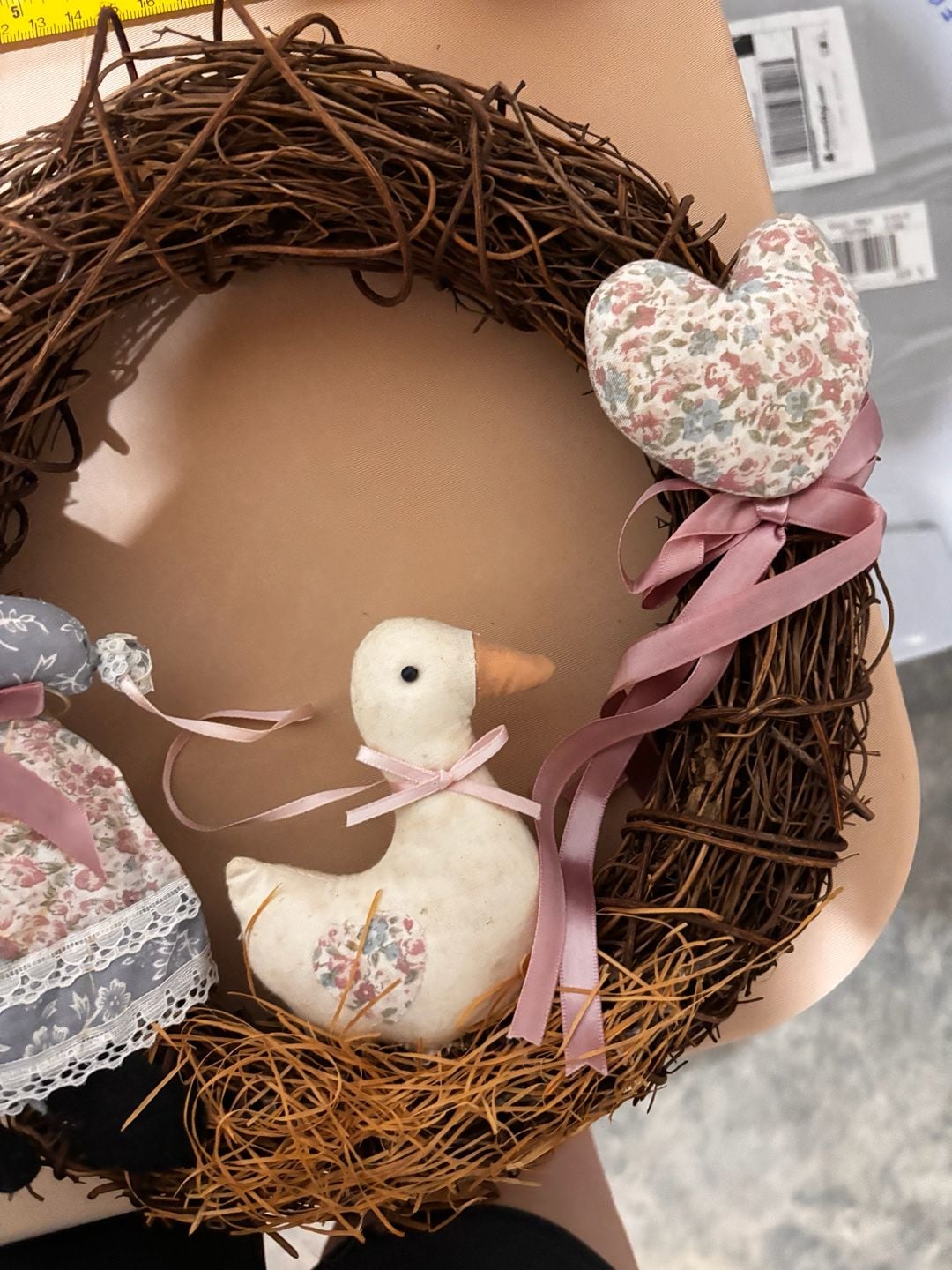 Handmade Primitive Country Vine Wreath With Duck Doll And Heart 3