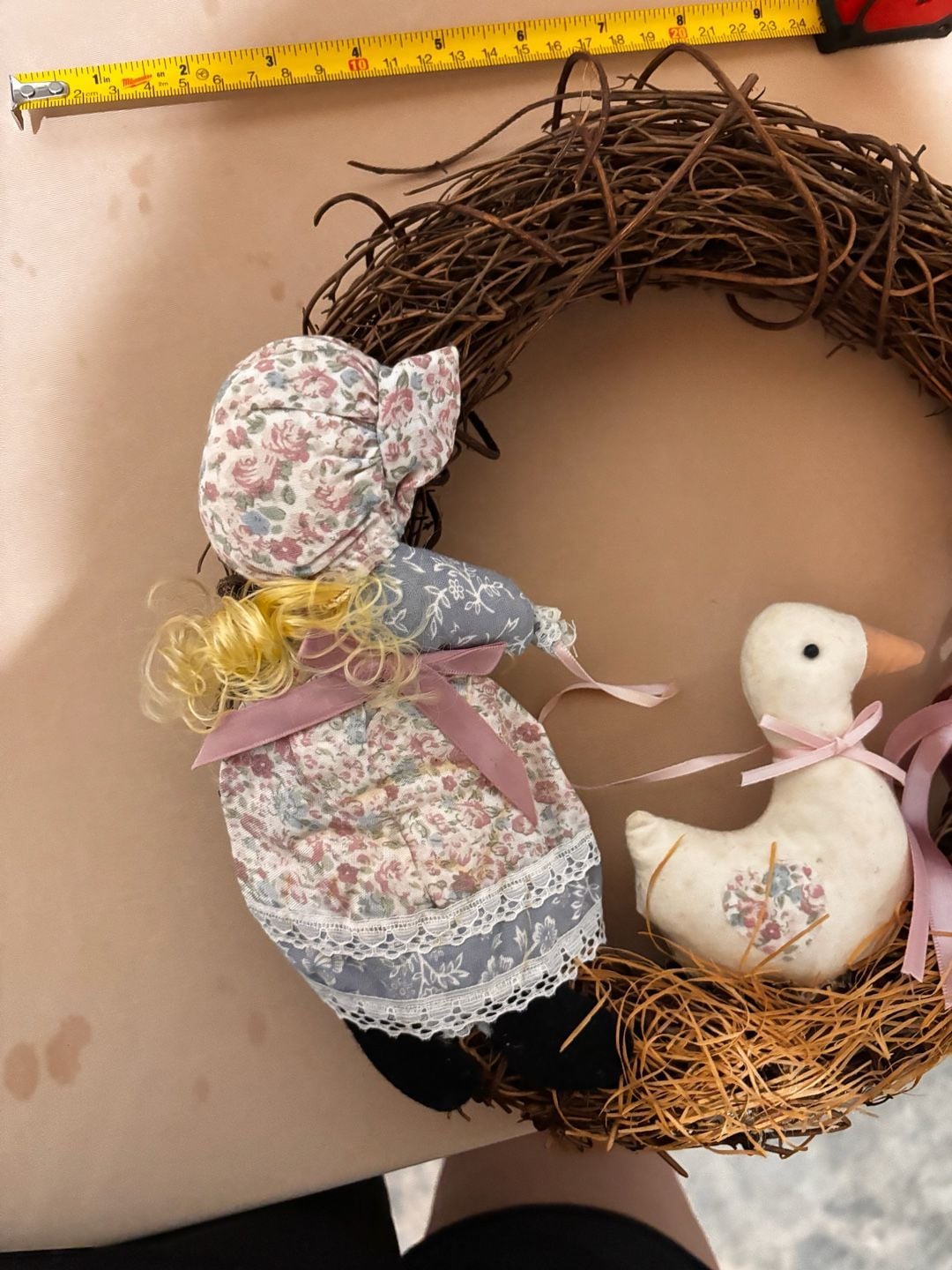 Handmade Primitive Country Vine Wreath With Duck Doll And Heart 4