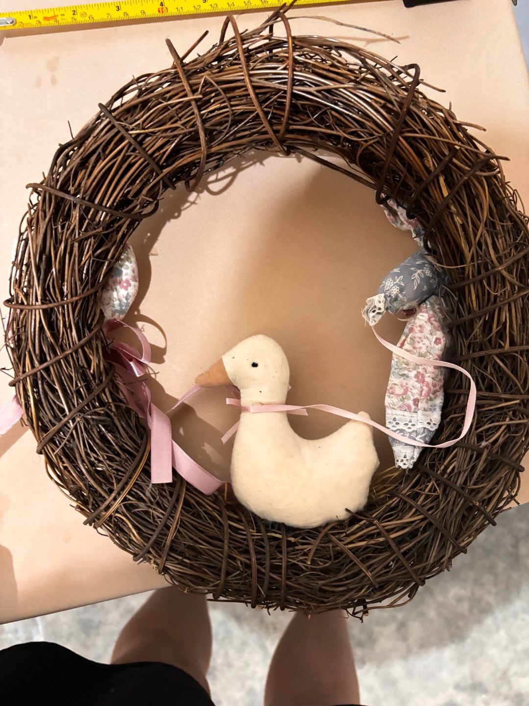 Handmade Primitive Country Vine Wreath With Duck Doll And Heart 5