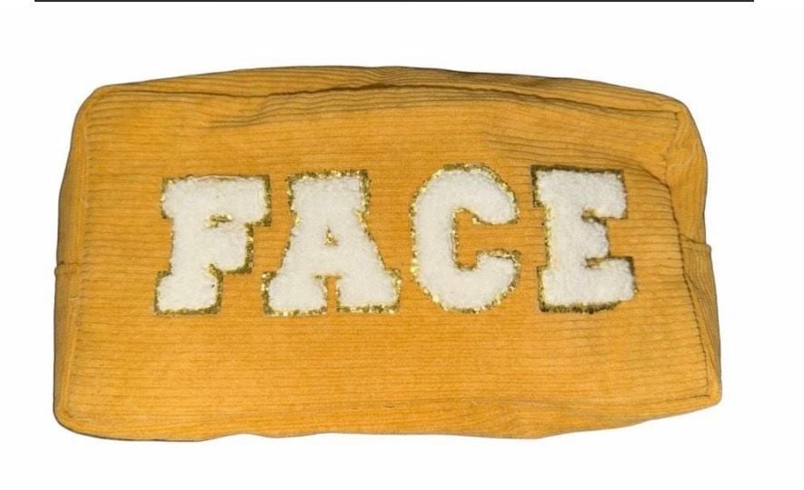 Face Corduroy Makeup Pouch Yellow Gold Letters 2