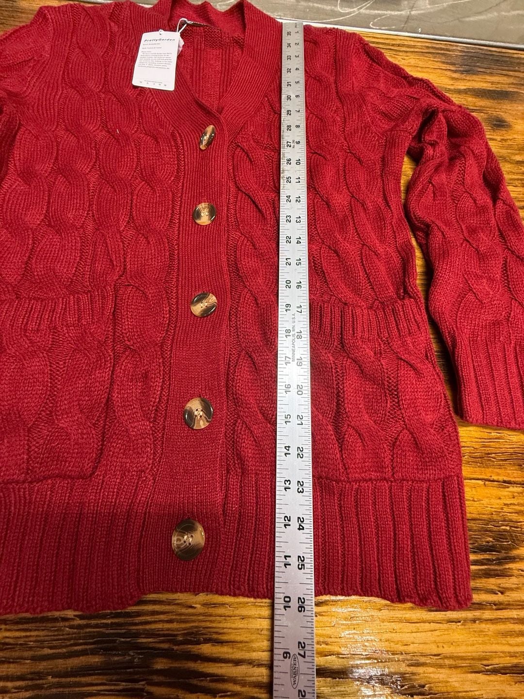 PrettyGarden Cable Knit Cardigan Size S Red V-Neck Button Front Pockets 7