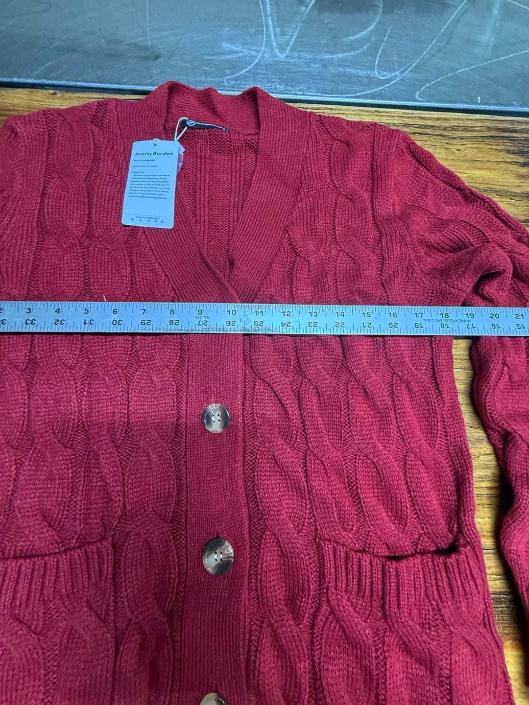 PrettyGarden Cable Knit Cardigan Size S Red V-Neck Button Front Pockets 8
