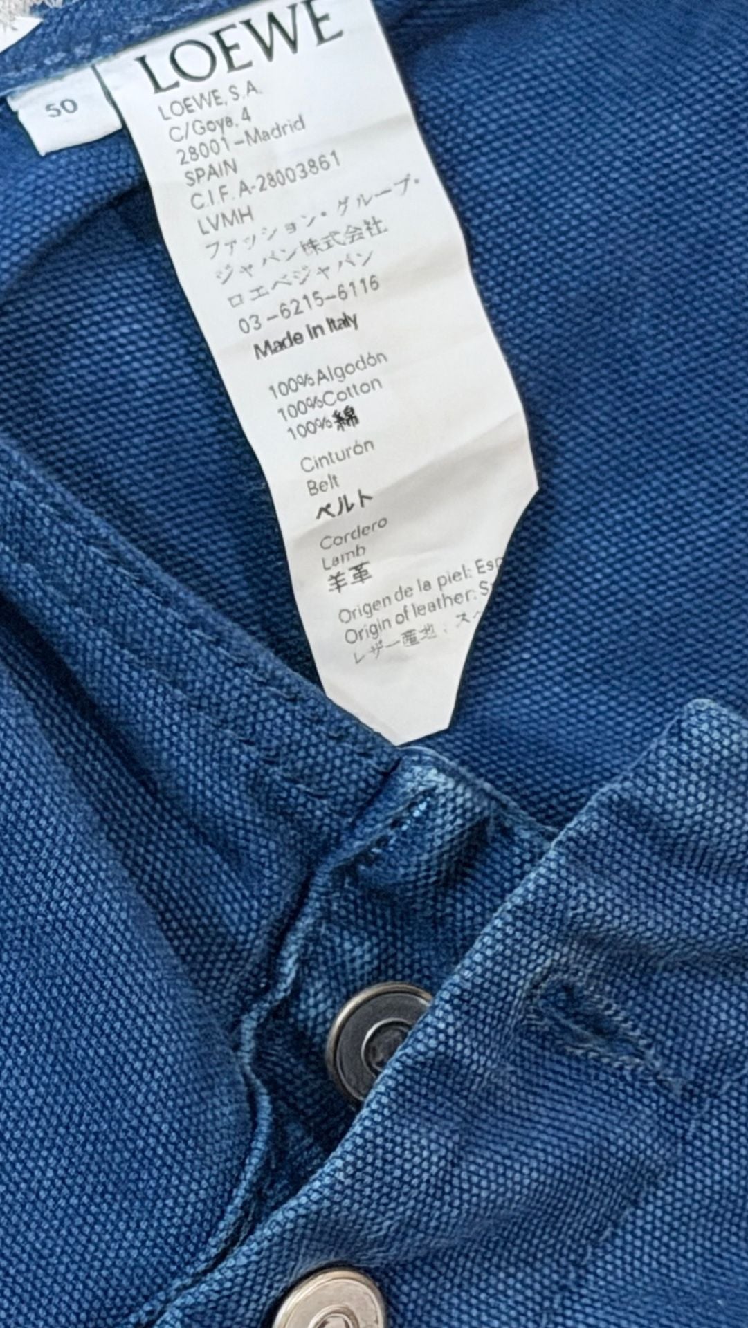 Loewe Trousers Size 50 Blue Cotton Leather Belt 3