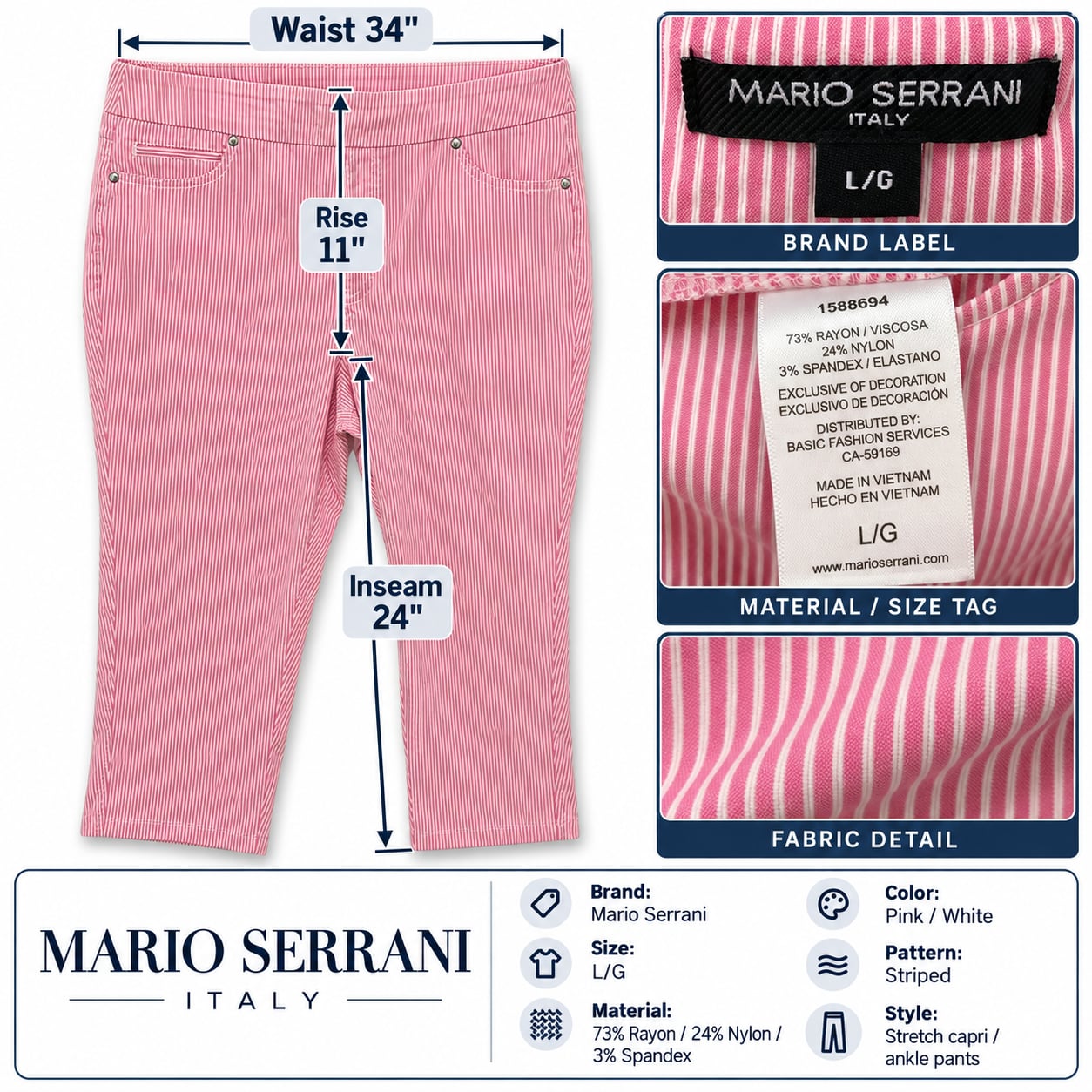 Mario Serrani Womens L Pink White Seersucker Stripe Stretch Capri Pants 7