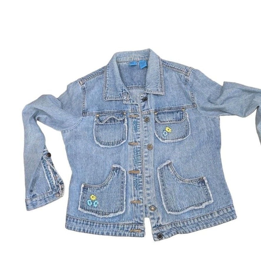 Bci Denim Jacket Size XL Blue Floral Embroidered Distressed 2