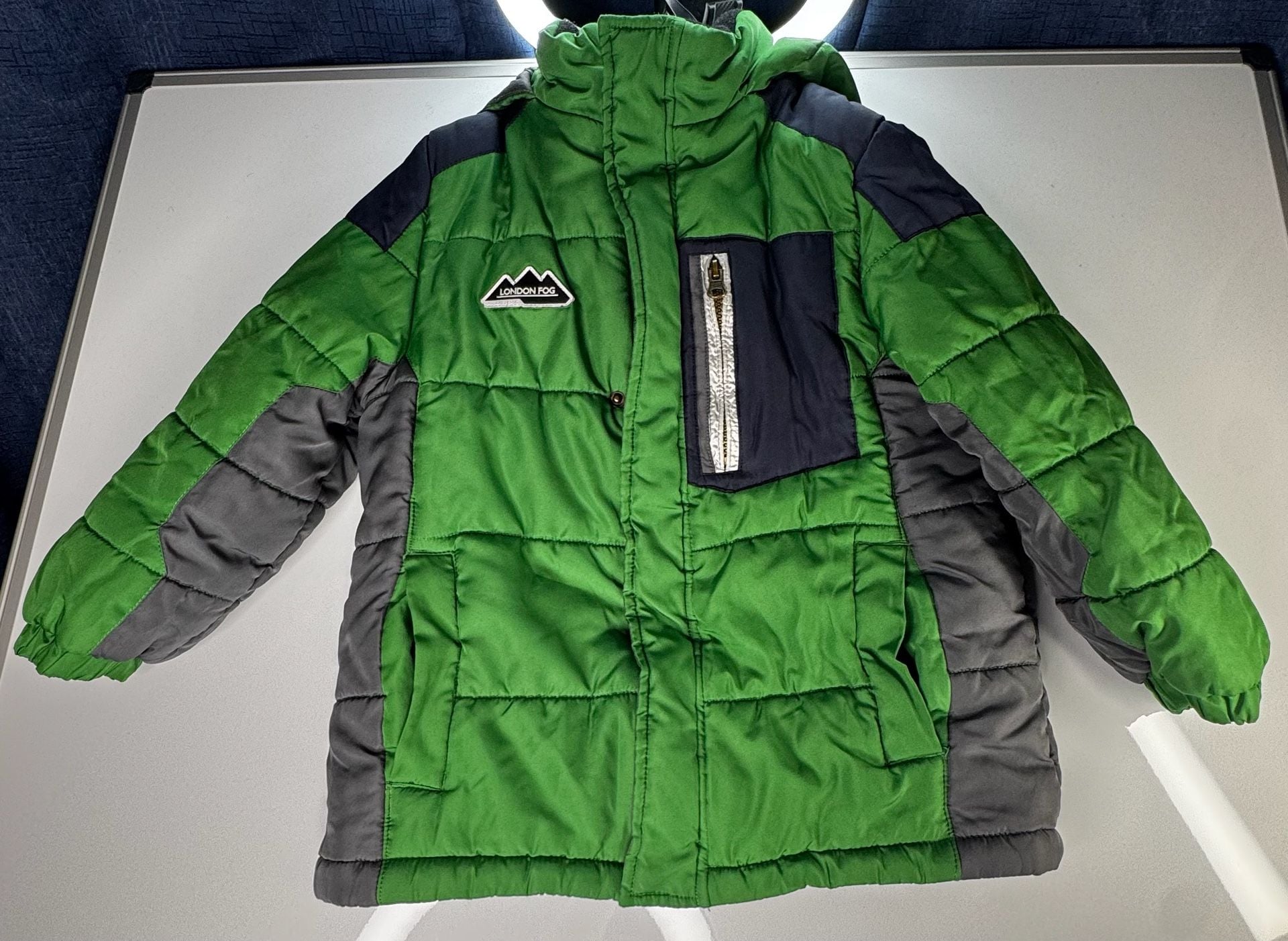 London Fog Winter Puffer Jacket Size L/7 Green Gray Hooded Coat 2