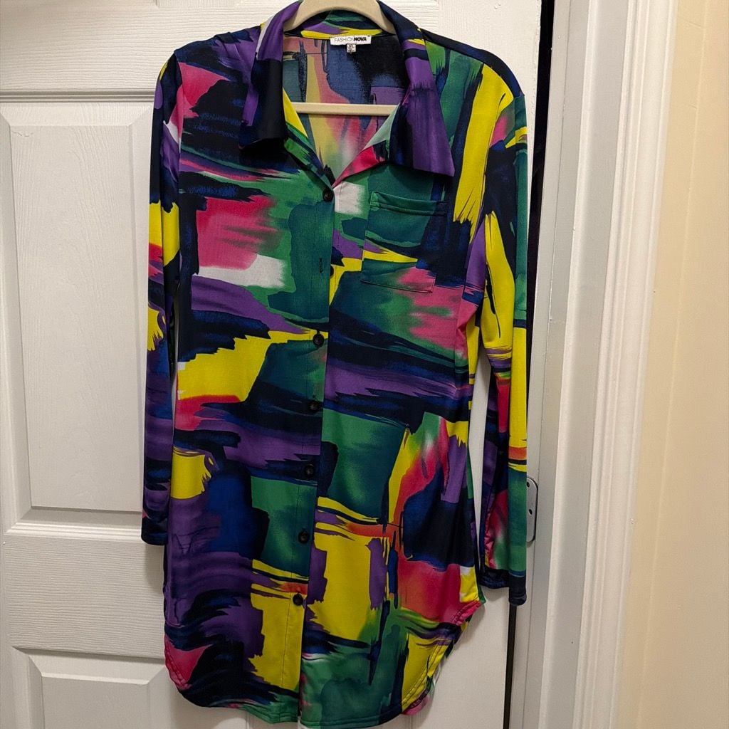 Fashion Nova Button Down Shirt Dress Size XL Multi Color Abstract Print 2