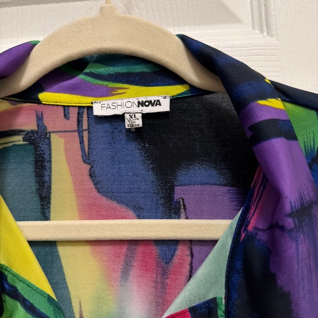 Fashion Nova Button Down Shirt Dress Size XL Multi Color Abstract Print 4