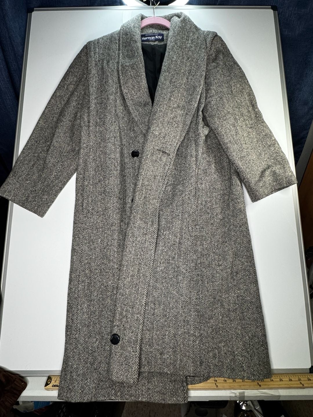 Herman Kay Petite Herringbone Wool Coat Black White 2